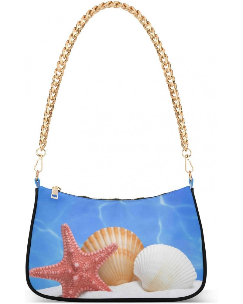 Seashells Starfish Wave Shoulder Bag for Women Hobo Tote Handbag Gold Chain Crossbody Bag with Zipper Clutch Purse Handbags $...