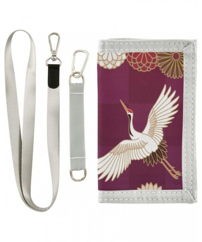 Japanese Cranes Chrysanthemums Trifold Wallet Fabric Wallet Small Nylon Wallet Card Wallet with Lanyard $9.34 Wallets