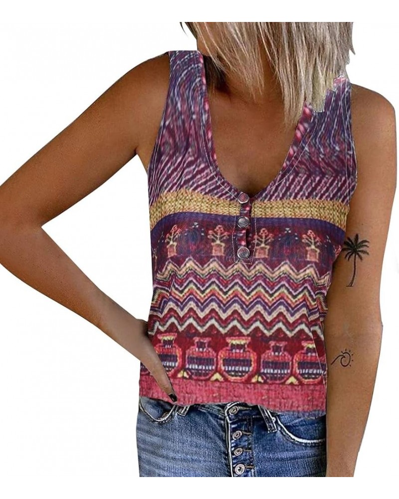 Women Casual Sleeveless Button V Neck Tie Dye Print Tank Top Slim Ribbed Vest Coffee - 2024 Camisole $9.85 Shoes