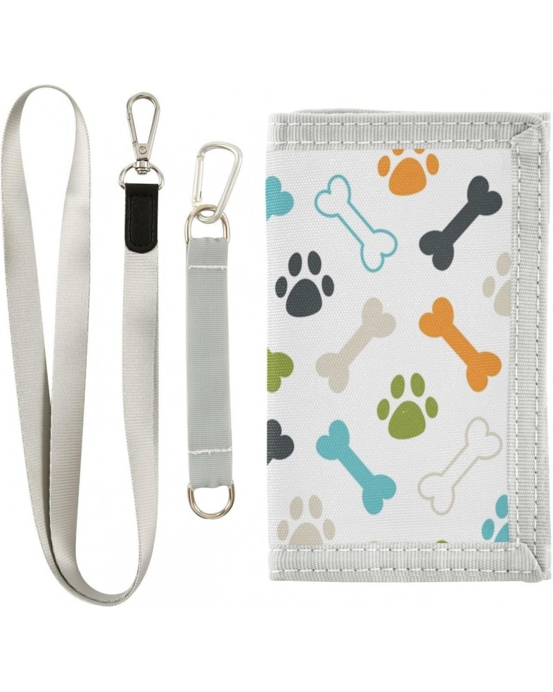 Blue Green Dog Footprint Bones Trifold Wallet Fabric Wallet Small Nylon Wallet Card Wallet with Lanyard $8.50 Wallets