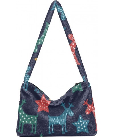 Plush Underarm Bag-Colorful Christmas Deer, Ladies Fluffy Shoulder Bag, Women Fluffy Tote Bag for Autumn and Winter $11.88 Totes