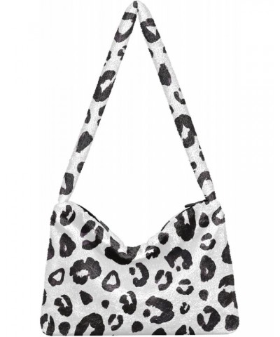 Black and White Leopard Print Plush Shoulder Bag Furry Tote Handbag Purse Faux Fur Crossbody Bag for Women $11.96 Totes