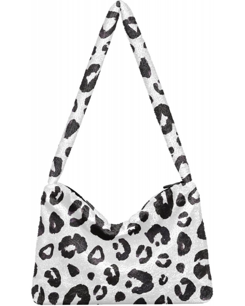 Black and White Leopard Print Plush Shoulder Bag Furry Tote Handbag Purse Faux Fur Crossbody Bag for Women $11.96 Totes