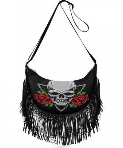 Skull with Roses Pattern Tassel Crossbody Bag with Adjustable Strap and Zipper PU Leather Crossbody Handbag for Women $14.83 ...