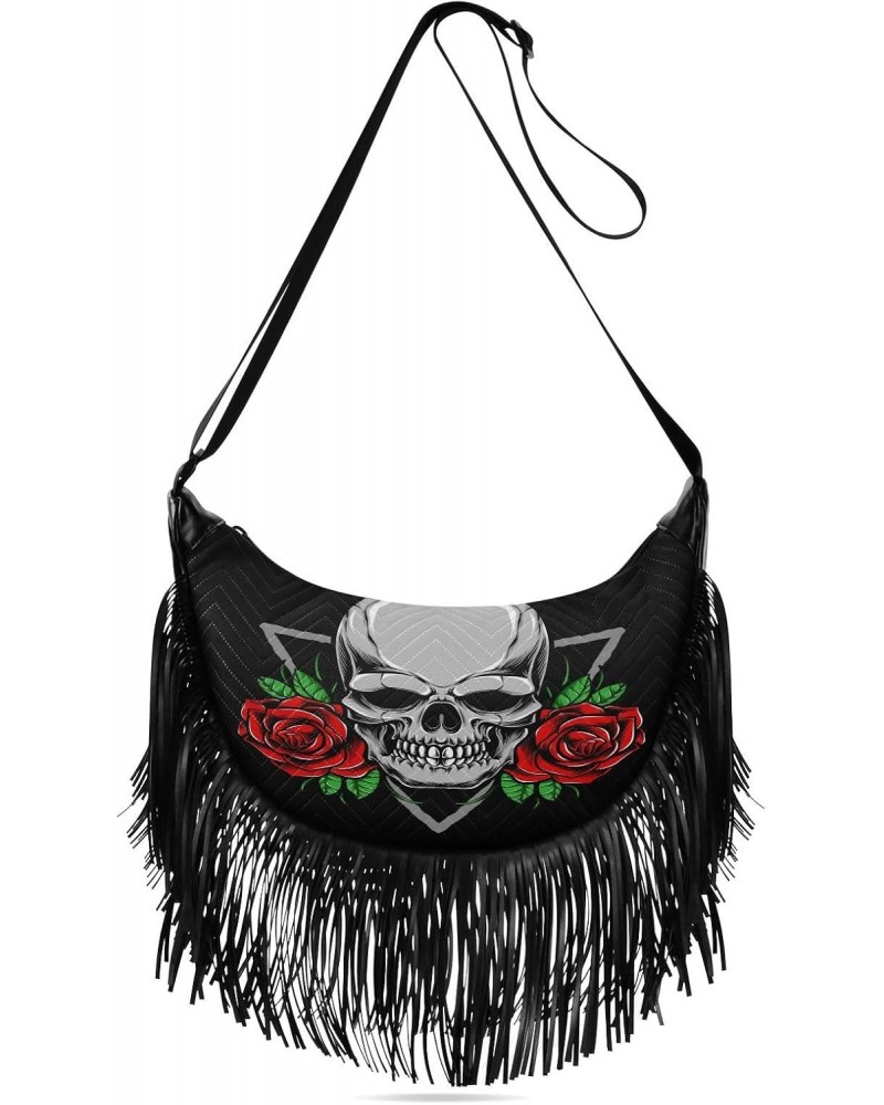 Skull with Roses Pattern Tassel Crossbody Bag with Adjustable Strap and Zipper PU Leather Crossbody Handbag for Women $14.83 ...