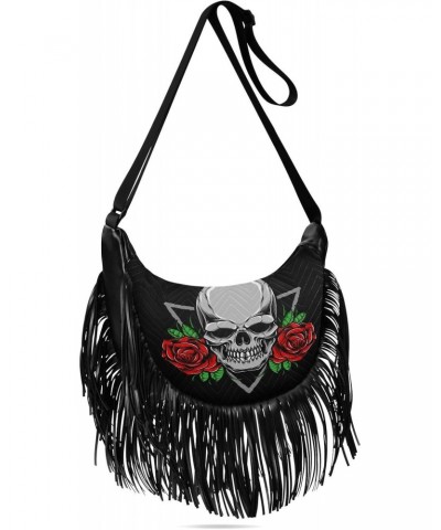 Skull with Roses Pattern Tassel Crossbody Bag with Adjustable Strap and Zipper PU Leather Crossbody Handbag for Women $14.83 ...