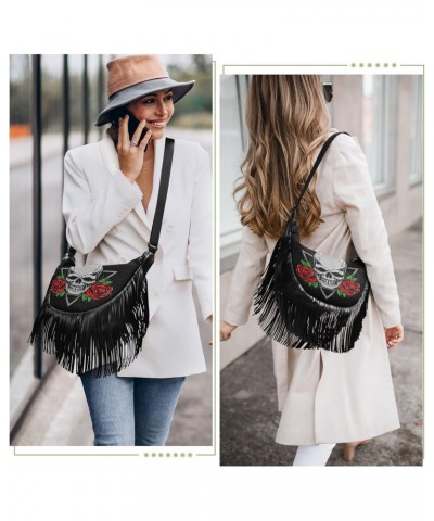 Skull with Roses Pattern Tassel Crossbody Bag with Adjustable Strap and Zipper PU Leather Crossbody Handbag for Women $14.83 ...