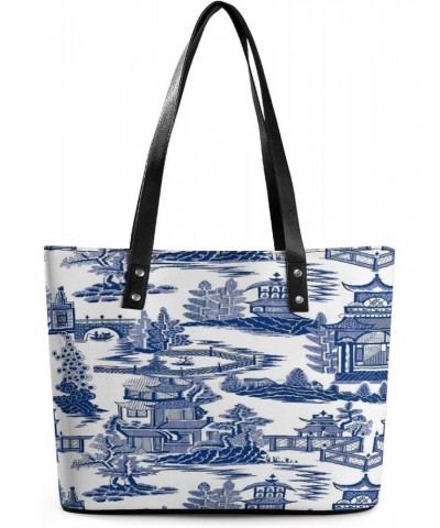 Vintage Blue China Chinoiserie Style Women Tote Bags Top Handle Satchel Handbags Faux Leather Tassel Shoulder Purse $23.09 Totes