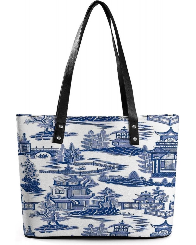 Vintage Blue China Chinoiserie Style Women Tote Bags Top Handle Satchel Handbags Faux Leather Tassel Shoulder Purse $23.09 Totes