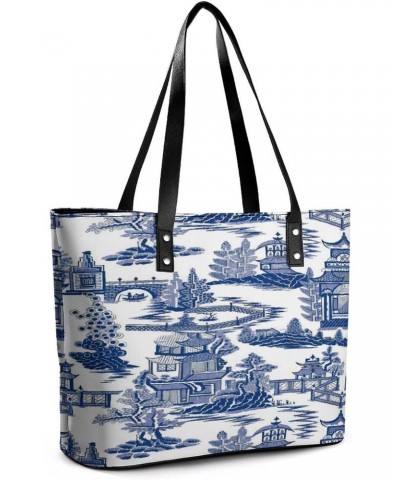 Vintage Blue China Chinoiserie Style Women Tote Bags Top Handle Satchel Handbags Faux Leather Tassel Shoulder Purse $23.09 Totes