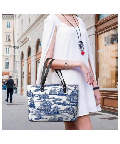 Vintage Blue China Chinoiserie Style Women Tote Bags Top Handle Satchel Handbags Faux Leather Tassel Shoulder Purse $23.09 Totes