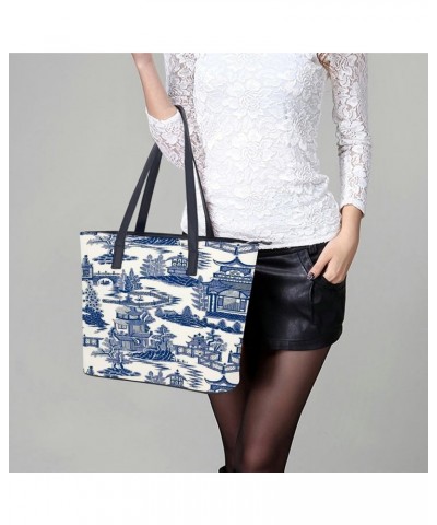 Vintage Blue China Chinoiserie Style Women Tote Bags Top Handle Satchel Handbags Faux Leather Tassel Shoulder Purse $23.09 Totes