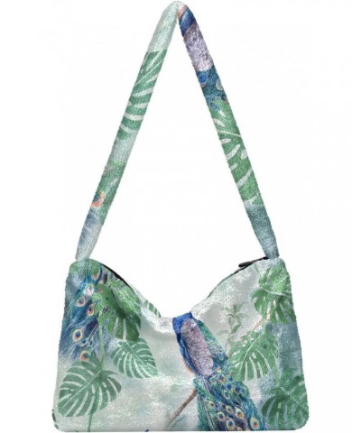 Watercolor Peacock Leaves Furry Tote Bag for Women Crossbody Bag Shouder Tote Handbag Shopping Work Bag with Zipper for Schoo...