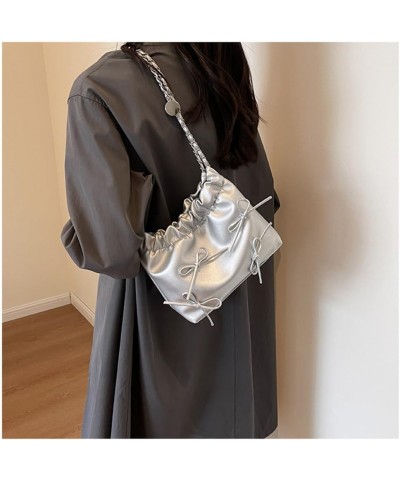 Bowknot Bucket Bag for Women Small Leather Bucket Bags and Purses Hobo Bucket Satchel Handbag Y2k Purse Silver $15.59 Hobo Bags