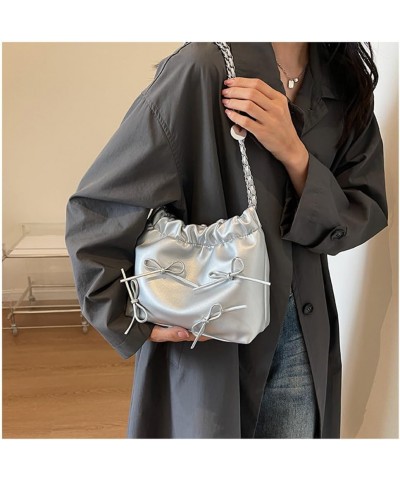 Bowknot Bucket Bag for Women Small Leather Bucket Bags and Purses Hobo Bucket Satchel Handbag Y2k Purse Silver $15.59 Hobo Bags