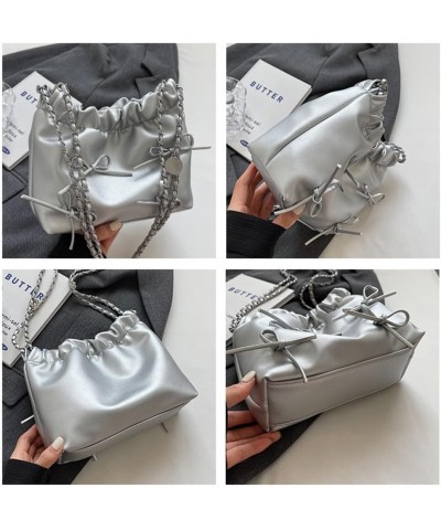 Bowknot Bucket Bag for Women Small Leather Bucket Bags and Purses Hobo Bucket Satchel Handbag Y2k Purse Silver $15.59 Hobo Bags