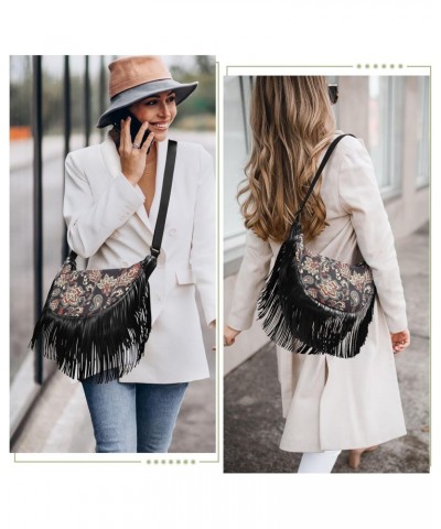 Women Fringe Crossbody Bags Vintage Floral with Zipper Women Saddle Tassel Hobo Bag, with Adjustable Strap for Women Daily $1...