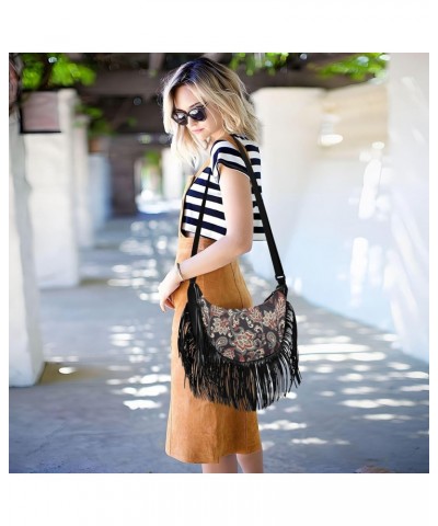 Women Fringe Crossbody Bags Vintage Floral with Zipper Women Saddle Tassel Hobo Bag, with Adjustable Strap for Women Daily $1...