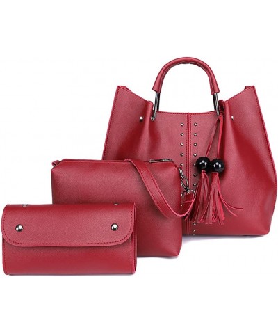 Women Handbag PU Leather Large-capacity Tote Bag Shoulder Bag Crossbody Bag Long Wallet 3 Pcs Set Red $28.90 Totes